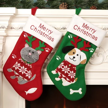1 adet Noel Çorap Dekore Sevimli Karikatür Kedi ve Köpek Fırçalanmış Noel Çorap hediye keseleri Özel Noel Kolye Hediye