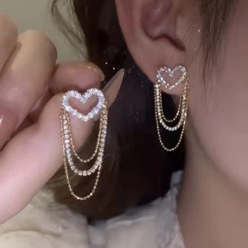 2 Adet Kalp Saçak Katmanlı Zincir Küpe Yeni Moda Aşk yapay elmas küpe Parti Takı Hediyeler Püskül Retro Earwear