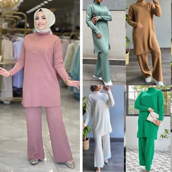 2 Parça Kadın Örme Seti Balıkçı Yaka Üstleri Geniş Bacak Pantolon Triko bluz Müslüman Elbise Abaya Dubai Kaftan İslam Giyim Kış