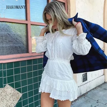 2019 Sonbahar Hollow Out Delik Baharatlı Dantel Ruffles Hem Uzun Kollu Kısa Elbise Beyaz Kadın Ince Bel Fishtail Elbiseler