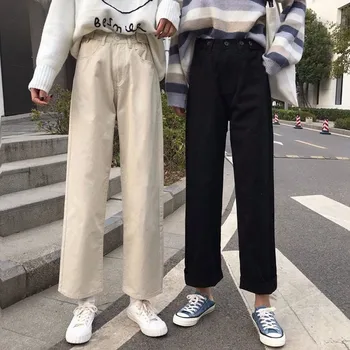 2020 Kore Kadın Retro Geniş Bacak Kot Düz Beyaz Siyah Pembe Pantolon Yüksek Bel Anne Kot Artı Boyutu Streetwear Kot Pantolon