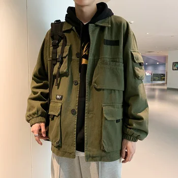 2021 erkek İş Elbiseleri Palto Kabanlar Streetwear Bombacı Kargo Ceket Gevşek Pamuk Siyah / yeşil Renk Rüzgarlık Büyük Boy M-5XL