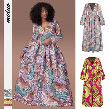 2021 Son Elbise Balmumu Afrika Giysi Kadınlar İçin Büyük Salıncak Etek Uzun Kollu Yüksek Bel V Yaka Etnik Maxi Elbise
