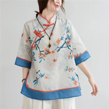 2021 Tang Takım Elbise Bayanlar Retro Disk Toka Hanfu Geliştirilmiş Çin Tarzı Cheongsam Gömlek Pamuk Ve Keten Çay Elbise Kadın Kimono