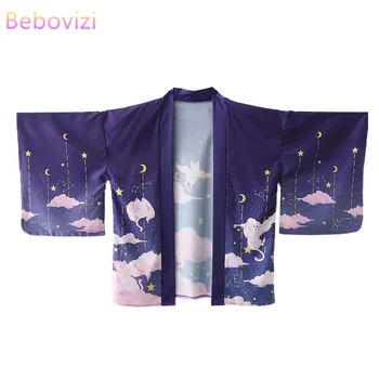 2021 Yeni Gevşek Mor Kawaii Kediler Baskı Japon Streetwear Hırka Kadın Erkek Harajuku Haori Kimono Cosplay Bluz Üst Yukata
