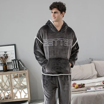 2021 Yeni Kapşonlu Pazen erkek Pijama Pantolon 2 adet/takım Kış Kalın Sıcak Pijama Çiftler İçin Rahat Gevşek Ev Kostümleri Seti