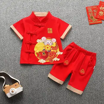 2022 Geleneksel Çin Giyim Erkek Bebek için Kawaii Kırmızı Kısa Kollu Üst Pantolon 2 Adet Tang Takım Elbise Çocuk Bebek Yeni Yıl Doğum Günü Hediyeleri