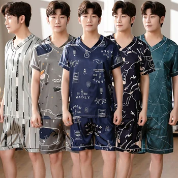 2022 Sıcak Yaz Kısa Kollu V Yaka İpek Saten Pijama Setleri Erkekler için Kore Baskı Pijama Takım Elbise Erkek Pijama Gecelik Ev Giysileri