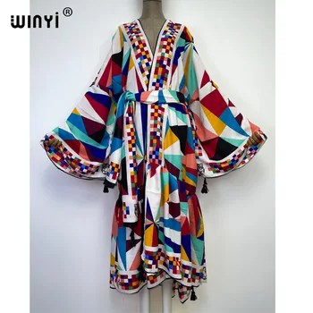 2022 WİNYİ sonbahar Kadın kimono moda zarif Vintage baskı boho kaftan Bel mühür abaya Elbise uzun Kollu Casual Kaftan