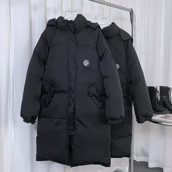 2022 Yeni Kış Kalınlaşmış kadın ceketi Kore Gevşek Siyah Kapşonlu Orta Ve Uzun Pamuklu kapitone ceket