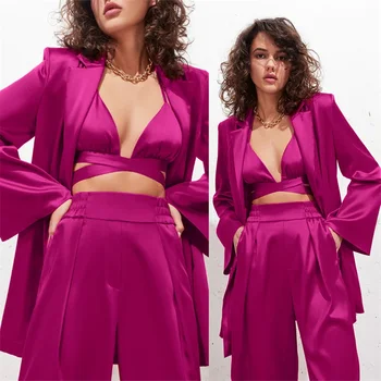 3 Adet Kadın Takım Elbise Çentikli Yaka Custom Made İpek Takım Elbise Seti (Ceket + Pantolon + İç Çamaşırı)moda Streetwear Parti Balo Günlük Ceket