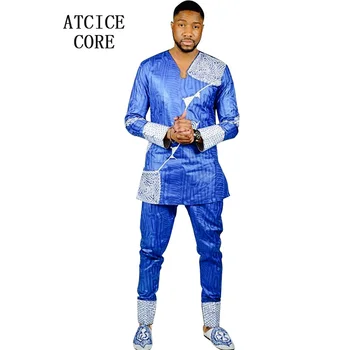 Afrika Bazin Riche Elbiseler Erkekler Nakış Tasarım Üst Pantolon İle İki Adet Bir Set Ayakkabı Olmadan