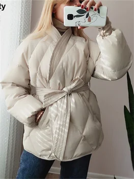 Alien Kitty 2022 Zarif Kadın Parkas Kış Kalın Palto Katı Gevşek Sıcak Dış Giyim Ceket Kadın Ofis kadın bluzları Kemer İle