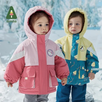 Amila Bebek İki parçalı Setleri sıcak tutan kaban 2022 Kış Yeni Erkek ve Kız Baskı Rüzgar Geçirmez Rahat Ceket çocuk Dış Giyim giyim