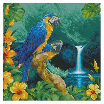 Amishop Altın Koleksiyonu Güzel Sayılan Çapraz Dikiş Kiti Iki Papağanlar Parakeet Orman Kuşlar Çiçekler Dağ Dere