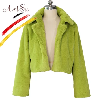 ArtSu Moda Parti Faux Kürk Ceket Kadınlar Beyaz Yeşil Bordo Mavi Zarif Tüylü kışlık kürk palto Ceket Artı Boyutu Kısa Palto