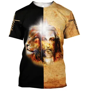 Aslan Ve İsa Mesih 3D Baskı erkek T-Shirt Yaz Moda Rahat Kısa Kollu Tees Harajuku Streetwear Boy T Shirt 6XL