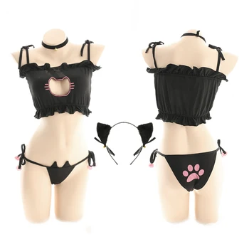 Backless Hollow Out Güzel Neko Cosplay Kostüm Sevimli Lolita Kedi Yaka Deldi Sutyen Kısa Set Iç Çamaşırı Seksi Iç Çamaşırı Pijama Set