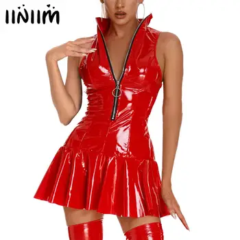 Bayan fermuar Rugan fırfır elbise ıslak bak standı yaka kolsuz parti Clubwear Mini elbiseler