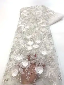 Beyaz Afrika 3D Damat Dantel Kumaş 5 Metre 2022 Yüksek Kaliteli Sequins Dantel Fransız Nijeryalı Düğün Asoebi Dikiş Dantel Malzeme