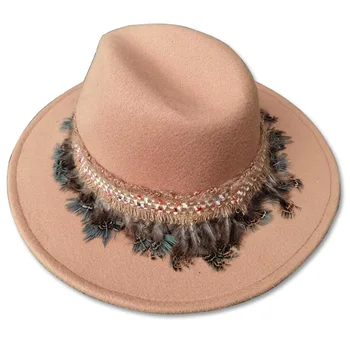 Bohemian Batı kovboy şapkası Tüy dekorasyon Keçe Metal Boğa Kafa Dekorasyon Sombrero Kadın Şapka