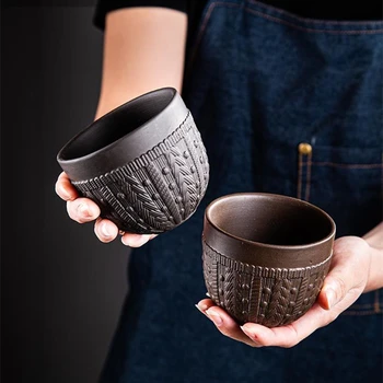 Büyük Çin Yixing Mor Kum Kabartma çay bardağı Siyah Kişisel Fincan Kahverengi Tek Fincan Ana Fincan Kung Fu çay seti