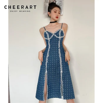 CHEERART Backless Spagetti Kayışı Dantel Denim Elbise Kadın Tasarımcı Yaz Yarık Mavi Bir Çizgi Cami Kayma Jean Elbise Moda 2021