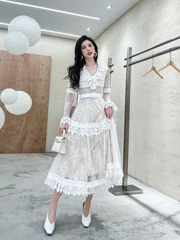 Delocah yüksek kaliteli yay Kadın Moda Tasarımcısı uzun elbise Parlama Kollu Yüksek Bel Muhteşem Dantel Beyaz Baskı Elbiseler Vestidos