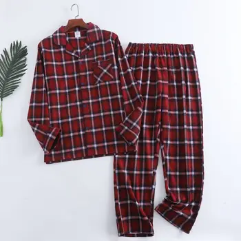 Ekose Tasarım Çok Renkler Sıcak pamuklu pazen Uzun kollu Pantolon Pijama Erkekler için Sonbahar ve Kış Gecelik Pijama Setleri