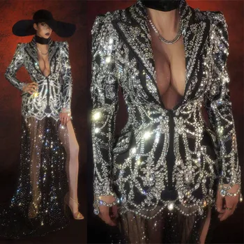 Elmas Blazers Kadınlar Zarif Şık Baskılı Rhinestones Örgü Kuyruk İnce Ceket Bar Şarkıcı Sahne Kostüm Doğum Günü kristal Elbise