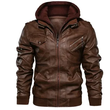 Erkek deri ceket, motosiklet için çıkarılabilir kapüşonlu pu deri ceket, erkekler için eğik fermuarlı ceket büyük boy