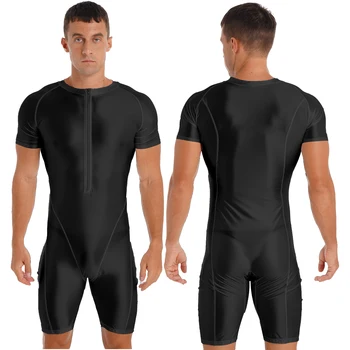 Erkek İç Çamaşırı Düz Renk Yuvarlak Boyun Bodysuit Parlak Kısa Kollu Fermuar Tulum Spor Spor Plaj mayo Mayo
