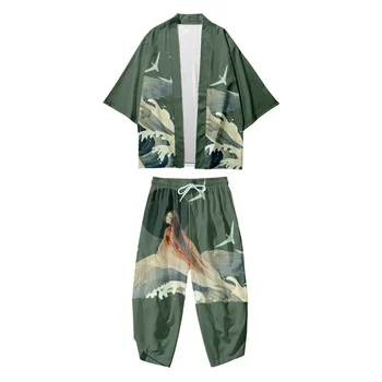 Erkekler Yeşil Baskı Kimono Elbise Japon Yukata Samurai Kostüm Haori Ceket Pantolon Plaj Hırka Streetwear