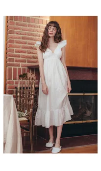 Eşofman Beyaz peri elbisesi Moda Xiaofei Manşet Çıkarılabilir Göğüs Pedi kadın Yaz Gecelik Elbise V Boyun