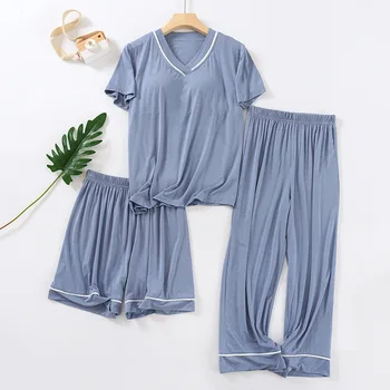 Fdfklak uyku tulumu Bayan 3 ADET Gecelik Giyim Femmer Pijama Ev Kıyafeti Yaz Üst + Şort + Pantolon Modal Salonu Aşınma