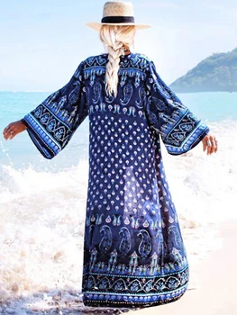 Fitshinling Büyük Kollu Plaj Kimono Mayo Baskı Mayolar Cove-Up BOHO Yaz Seksi Uzun Hırka Tatil Ince Bikini Gezi