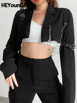 HEYounGIRL Harajuku Punk Zincirleri Kırpılmış Ceket Kadınlar Casual Uzun Kollu Süper Kısa Ceket Bayanlar Gotik Palto Streetwear