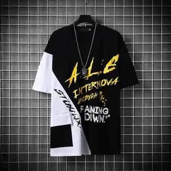 Hip Hop Patchwork T Shirt Adam harajuku tişört Erkek Rahat Yaz Gevşek Siyah Tshirt Streetwear Siyah Kore En Tees Erkekler için