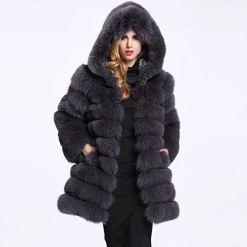 HJQJLJLS 2021 Kış Yeni Kadın Uzun Kürk Kapşonlu Kadın Kalın Sıcak Kabarık Taklit Kürk Ceket Siyah Pembe Yapay Kürk Giyim