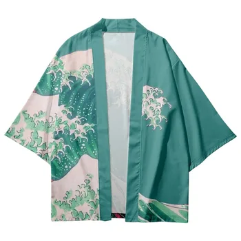 Hırka Yukata Gömlek Japon Samurai Yeşil Haori 2022 Dalgalar Baskı Geleneksel Kimono Erkekler Kadınlar Cosplay Artı Boyutu