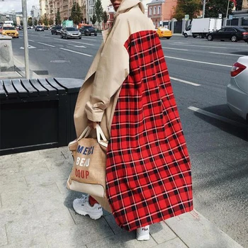 Ilkbahar Sonbahar Moda Hırka Kadın Mont Bayan Ceket Kadın Rüzgarlık Ekose Patchwork Uzun Kollu Giyim Açık Dikiş