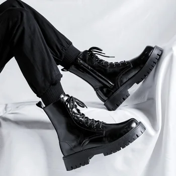 Ingiltere tarzı erkek moda motosiklet botları siyah trend platform ayakkabılar dantel-up kovboy orijinal deri çizme serin kısa botas adam