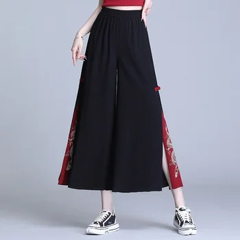 Japon Moda Şifon Hippi Kadın Geniş Bacak Pantolon Çin Tarzı Nakış Kung Fu Pantolon Japon Siyah Uzun Kimono Hırka