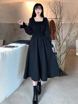 JMPRS Siyah Moda Kadın Midi Elbise Puf Uzun Kollu Bahar Yeni Yüksek Bel Tunik Parti Elbise Bir Çizgi Zarif Harajuku Vestidos