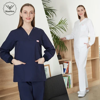 Kadın Beyaz / Lacivert Sonbahar Kış Uzun Kollu İş Giysisi Seti Yüksek Kaliteli Streç İnce Hemşirelik Fırçalayın Tıbbi Üniforma Toptan Takım Elbise