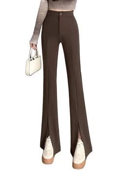 Kadın Kahve Siyah Ön Yarık Pantolon Şık Moda Ofis Bayan Uzun Düz Pantolon Yüksek Bel Flare Pantolon Kadın rahat pantolon