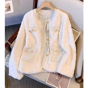 Kadın Kürk Kuzu Peluş Ceketler kışlık palto Streetwear Baggy Kalın Sıcak Kadın Beyaz Üstleri Fermuar Pamuk Yastıklı Ceket Giyim