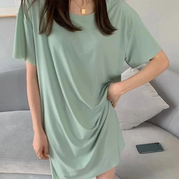 Kadın kısa kollu büyük boy T-Shirt elbise düz renk A-Line salonu Sleepshirt
