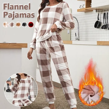 Kadın Kış Sıcak Ev Giysileri Kalınlaşmış Peluş Pijama Seti Kadın Rahat Uzun Kollu Yumuşak Ve Rahat Pazen Pijama