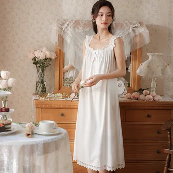 Kadın Pamuk gece elbisesi Yaz Kolsuz Beyaz Uzun Gecelik Dantel Sabahlık Victoria Nightgowns Prenses Pijama Ev Giyim